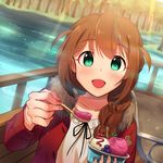  aqua_eyes baba_konomi blush braid brown_hair collarbone eyebrows_visible_through_hair holding holding_spoon idolmaster idolmaster_million_live! kamille_(vcx68) long_hair long_sleeves looking_at_viewer open_mouth outdoors smile solo spoon upper_body 