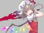  ascot bangs blonde_hair eyebrows_visible_through_hair fang flandre_scarlet grey_background hands_up hat hat_ribbon highres holding holding_sword holding_weapon laevatein long_hair looking_at_viewer mob_cap open_mouth red_eyes red_ribbon ribbon shiori_(moechin) short_sleeves simple_background smile solo sword teeth touhou upper_body vest weapon white_hat wings yellow_neckwear 