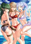 ass beach breasts cape catslikestodraw chiki cosplay costume_switch female_my_unit_(fire_emblem:_kakusei) female_my_unit_(fire_emblem_if) fire_emblem fire_emblem:_kakusei fire_emblem:_monshou_no_nazo fire_emblem_heroes fire_emblem_if gloves green_eyes green_hair highres mamkute my_unit_(fire_emblem:_kakusei) my_unit_(fire_emblem_if) navel nintendo o-ring o-ring_bikini pointy_ears ponytail robe tiara twintails white_hair 