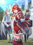  1girl armor banner boots cloud cloudy_sky cowboy_shot day dress elbow_gloves fire_emblem fire_emblem_cipher fire_emblem_if flat_chest gloves grass hair_between_eyes hairband hmk84 index_finger_raised lance long_hair looking_at_viewer matoi_(fire_emblem_if) notepad official_art outdoors pegasus polearm red_eyes red_footwear red_gloves red_hair red_legwear short_dress shoulder_armor sky smile solo_focus tassel thigh_boots thighhighs tree watermark weapon winged_hair_ornament zettai_ryouiki 
