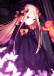  abigail_williams_(fate/grand_order) bangs black_bow black_dress black_hat blonde_hair bloomers blue_eyes blush bow bug butterfly commentary_request dress eyebrows_visible_through_hair fate/grand_order fate_(series) hair_bow hat head_tilt highres insect long_hair long_sleeves looking_at_viewer minamina orange_bow parted_bangs parted_lips polka_dot polka_dot_bow sleeves_past_wrists solo stuffed_animal stuffed_toy teddy_bear underwear very_long_hair white_bloomers 
