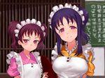  apron bangs blue_hair blurry blurry_background blush commentary_request frilled_apron frilled_shirt_collar frills holding holding_tray jyon kazuno_leah kazuno_sarah looking_at_viewer love_live! love_live!_sunshine!! maid_headdress multiple_girls pink_eyes purple_eyes purple_hair saint_snow short_sleeves siblings side_ponytail sidelocks sisters smile translation_request tray twintails unamused upper_body wa_maid 