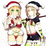  artoria_pendragon_(all) belt bikini blonde_hair blush christmas dangerous_beast dark_excalibur elbow_gloves fate/extra fate/grand_order fate/stay_night fate_(series) fusion gloves green_bikini green_eyes green_gloves green_legwear hat highres holding holding_sword holding_weapon looking_at_viewer md5_mismatch multiple_girls nabenko navel nero_claudius_(fate)_(all) pale_skin red_bikini red_gloves red_legwear saber_alter sack santa_costume santa_hat santa_lily shrug_(clothing) skirt stethoscope swimsuit sword thighhighs trick_or_treatment weapon yellow_eyes younger 