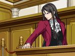  black_eyes black_hair cosplay courtroom cravat fate/grand_order fate/zero fate_(series) formal gyakuten_saiban long_hair lord_el-melloi_ii male_focus mitsurugi_reiji mitsurugi_reiji_(cosplay) nekoremon parody pixel_art serious solo suit waistcoat waver_velvet 