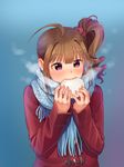  ahoge blue_scarf blush brown_hair coat drill_hair eating eyebrows_visible_through_hair food holding holding_food idolmaster idolmaster_million_live! kamille_(vcx68) long_sleeves looking_away parted_lips purple_eyes red_coat red_scrunchie scarf scrunchie short_hair solo upper_body yokoyama_nao 