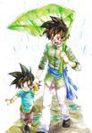  :d ake_(ake54) black_hair blue_eyes brothers chinese_clothes dragon_ball dragon_ball_z happy holding_hands leaf looking_at_another looking_away male_focus multiple_boys open_mouth rain short_hair siblings simple_background smile son_gohan son_goten spiked_hair traditional_media walking watercolor_pencil_(medium) white_background wristband 