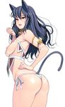  animal_ears ass bare_shoulders bell bell_collar bikini bikini_bottom black_hair blue_eyes breasts cat cat_ears cat_tail collar collarbone fangs highres long_hair looking_at_viewer masao nipples original side-tie_bikini simple_background skindentation small_breasts solo swimsuit tail thighs topless white_bikini 