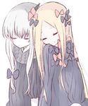  abigail_williams_(fate/grand_order) bangs black_bow black_dress blonde_hair bow closed_eyes closed_mouth dress fate/grand_order fate_(series) hair_bow horn lavinia_whateley_(fate/grand_order) leaning_on_person long_hair long_sleeves multiple_girls no_hat no_headwear orange_bow parted_bangs polka_dot polka_dot_bow ruten_(onakasukusuku) simple_background sleeping sleeves_past_fingers sleeves_past_wrists smile very_long_hair white_background white_hair 