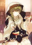  1girl :o apple_slice bangs black_legwear blurry blurry_background brown_hair chestnut_mouth commentary_request depth_of_field fork green_eyes green_hair hair_between_eyes holding holding_plate incoming_food jewelry kazutake_hazano knee_up long_hair long_sleeves looking_at_viewer necklace original outstretched_arm plate pov shiro_seijo_to_kuro_bokushi solo_focus sparkle thighhighs wide_sleeves zettai_ryouiki 