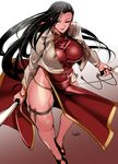  black_hair black_lagoon bowalia breasts brown_eyes china_dress chinese_clothes covered_navel dress gradient gradient_background kunai large_breasts legs lips lipstick long_hair makeup raised_eyebrow red_background shenhua signature solo sword thick_thighs thighs very_long_hair weapon white_background 