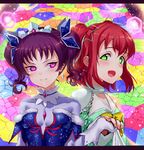  &gt;:) :d awaken_the_power bangs blush breasts brooch detached_sleeves diamond_earrings frills fur_collar fur_trim gloves green_eyes hair_ornament holding_hands jewelry jyon kazuno_leah kurosawa_ruby letterboxed love_live! love_live!_sunshine!! multiple_girls open_mouth pink_eyes purple_hair red_hair small_breasts smile stained_glass star star_hair_ornament tiara twintails two_side_up unitard upper_body v-shaped_eyebrows yellow_neckwear 