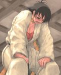  black_hair bra breasts choker cleavage commentary_request dougi exhausted hands_on_thighs heavy_breathing highres makoto_(street_fighter) medium_breasts open_mouth red_bra ribbon_choker shio_sakana short_hair solo sports_bra street_fighter sweat tomboy underwear 