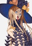  1girl abigail_williams_(fate/grand_order) black_bow blonde_hair blue_eyes bow breasts fate/grand_order fate_(series) hat long_hair long_tongue open_mouth pointy_ears revealing_clothes shiny shiny_hair small_breasts solo tongue tongue_out topless very_long_hair witch_hat 