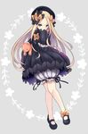  abigail_williams_(fate/grand_order) bangs black_bow black_dress black_footwear black_hat blonde_hair bloomers blue_eyes blush bow bug butterfly closed_mouth commentary_request dress fate/grand_order fate_(series) full_body grey_background hair_bow hat insect long_hair long_sleeves looking_at_viewer mary_janes mikanmochi object_hug orange_bow parted_bangs polka_dot polka_dot_bow shoes sleeves_past_wrists smile solo stuffed_animal stuffed_toy teddy_bear underwear very_long_hair white_bloomers 