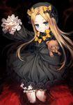 abigail_williams_(fate/grand_order) bangs black_bow black_dress black_hat blonde_hair blood bloody_hands bloomers blue_eyes blush bow bug butterfly closed_mouth commentary_request dress eyebrows_visible_through_hair fate/grand_order fate_(series) fire gijang hair_bow hair_intakes hat insect long_hair long_sleeves looking_at_viewer object_hug orange_bow outstretched_arm parted_bangs polka_dot polka_dot_bow sleeves_past_wrists solo standing stuffed_animal stuffed_toy teddy_bear underwear very_long_hair white_bloomers 