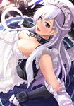  :d apron azur_lane belfast_(azur_lane) braid breasts chain cleavage collar collarbone commentary_request french_braid from_above kanzaki_kureha large_breasts long_hair looking_at_viewer looking_up machinery maid maid_apron maid_headdress open_mouth silver_eyes silver_hair smile solo turret 