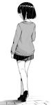  bob_cut cardigan collared_shirt commentary_request from_behind full_body greyscale highres long_sleeves monochrome original pleated_skirt profile school_uniform shirt shoes short_hair skirt solo standing walking yuki_arare 