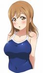  bangs blush breasts brown_hair commentary_request competition_swimsuit eyebrows_visible_through_hair kunikida_hanamaru long_hair looking_at_viewer love_live! love_live!_sunshine!! medium_breasts one-piece_swimsuit orange_eyes solo surprised swimsuit turkey_min white_background 