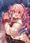  :d belt black_hairband blush bow hairband highres long_hair long_sleeves looking_at_viewer md5_mismatch narumi_arata open_mouth original pink_hair pointy_ears recri red_eyes smile snow solo tail 