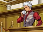  archer closed_eyes coffee coffee_mug cosplay courtroom cup dark_skin dark_skinned_male earrings fate/grand_order fate/stay_night fate_(series) godot godot_(cosplay) gyakuten_saiban hand_on_hip jewelry male_focus mug nekoremon parody pixel_art red_shirt shirt smile solo waistcoat white_hair 