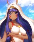  :o animal_ears bangs bare_arms bare_shoulders blue_sky blunt_bangs blush breasts bunny_ears cloud collarbone competition_swimsuit day earrings facepaint fate/grand_order fate_(series) hairband hoop_earrings jewelry light_particles light_rays long_hair medium_breasts medjed mikomiko_(mikomikosu) necklace nitocris_(fate/grand_order) nitocris_(swimsuit_assassin)_(fate) one-piece_swimsuit open_mouth outdoors purple_eyes purple_hair sky solo sunbeam sunlight swimsuit two-tone_hairband under_covers upper_body very_long_hair white_swimsuit 