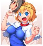  :3 alice_margatroid blonde_hair blue_eyes blush breasts character_mask cookie_(touhou) eyebrows_visible_through_hair fangs highres index_finger_raised kofji_(cookie) looking_at_viewer mask mask_on_head medium_breasts nazrin open_mouth short_hair sinzen smile touhou v-shaped_eyebrows wavy_hair web_(cookie) 