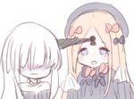  :o abigail_williams_(fate/grand_order) bangs black_bow black_dress black_hat blonde_hair blue_eyes blush bow dress eyebrows_visible_through_hair fate/grand_order fate_(series) hair_bow hair_over_eyes hands_up hat horn keyhole lavinia_whateley_(fate/grand_order) long_sleeves multiple_girls orange_bow parted_bangs parted_lips ruten_(onakasukusuku) simple_background sleeves_past_wrists white_background white_hair 