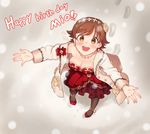  :d bangs bead_necklace beads black_legwear blush breasts brown_eyes brown_hair character_name cleavage coat collarbone dot_nose dress earrings english eyebrows_visible_through_hair fishnet_pantyhose fishnets flipped_hair flower footprints from_above full_body fur-trimmed_coat fur_trim hair_flower hair_ornament happy_birthday high_heels honda_mio idolmaster idolmaster_cinderella_girls idolmaster_cinderella_girls_starlight_stage jewelry kamille_(vcx68) large_breasts long_sleeves looking_at_viewer looking_up necklace off_shoulder open_clothes open_coat open_mouth outdoors outstretched_arms pantyhose pigeon-toed red_dress red_footwear shoes short_hair smile snow snowing solo standing strapless strapless_dress white_coat 