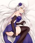  ahoge ass bare_shoulders black_gloves black_legwear blue_dress blush breasts dress elbow_gloves fate/grand_order fate_(series) flower gloves hair_between_eyes hair_flower hair_ornament jeanne_d'arc_(alter)_(fate) jeanne_d'arc_(fate)_(all) long_hair looking_at_viewer lying medium_breasts mizoredama no_panties on_side open_mouth silver_hair solo thighhighs very_long_hair yellow_eyes 