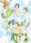  3girls :d ake_(ake54) black_eyes black_hair blue_background blue_eyes brothers chi-chi_(dragon_ball) chinese_clothes closed_eyes couple dougi dragon_ball dragon_ball_z falling family father_and_daughter father_and_son glasses grandfather_and_granddaughter grandmother_and_granddaughter green_shirt happy hetero highres holding_hands looking_at_another looking_up mother_and_daughter mother_and_son multiple_boys multiple_girls open_mouth pan_(dragon_ball) pink_shirt shirt short_hair siblings simple_background smile son_gohan son_gokuu son_goten spiked_hair traditional_media uncle_and_niece videl watercolor_(medium) white_background white_shirt 