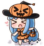  &gt;_&lt; :d bangs barefoot black_hat blue_hair blush capelet chibi closed_eyes commentary_request facing_viewer full_body goo_girl half_slime-chan halloween_basket hana_kazari hat heart jack-o'-lantern long_hair monster_girl open_mouth orange_capelet orange_shirt orange_skirt original pleated_skirt shirt skirt sleeveless sleeveless_shirt smile solo standing standing_on_one_leg v-shaped_eyebrows very_long_hair white_background witch_hat xd 