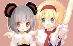  alice_margatroid animal_ears blonde_hair blue_eyes blush cookie_(touhou) eyebrows_visible_through_hair grey_hair hairband ichigo_(cookie) looking_at_another looking_at_viewer miyako_(naotsugu) mouse_ears multiple_girls nazrin nyon_(cookie) open_mouth parody parted_lips puffy_short_sleeves puffy_sleeves red_eyes short_hair short_sleeves smile style_parody touhou upper_body 