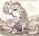  abs anthro armor biceps claws clothing crouching dinosaur emoticon fight hanging_(disambiguation) hyper hyper_muscles knight loincloth macro muscular neodokuro not_impressed pecs size_difference theropod thick_thighs tyrannosaurus_rex unknown_character 