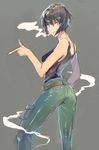  ass bare_shoulders belt black_hair black_tank_top breasts cigarette cowboy_shot finger_gun full_metal_panic! green_pants grey_background hair_between_eyes looking_at_viewer medium_breasts melissa_mao pants purple_eyes short_hair simple_background sketch smile smoking solo tank_top tarako_(shima_natto) 