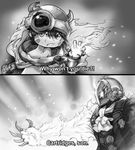  2koma bondrewd cape comic english facial_mark greyscale hair_between_eyes helmet highres horned_helmet looking_at_viewer made_in_abyss male_focus mechanical_arms meme metal_gear_(series) metal_gear_rising:_revengeance metalmorag monochrome multiple_boys parody regu_(made_in_abyss) spoilers steven_armstrong whistle 