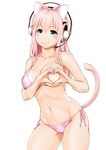  animal_ears aqua_eyes areolae ass_visible_through_thighs bikini breasts cameltoe cat_ears cat_tail cleavage closed_mouth collarbone contrapposto covered_nipples cowboy_shot ganari_ryuu halterneck headphones headset heart-shaped_boob_challenge highres large_breasts long_hair long_sleeves navel one_breast_out side-tie_bikini sidelocks simple_background smile solo standing string_bikini super_tama_musume swimsuit tail tamatoys thighs white_background 