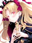 artist_name bangs blonde_hair blush bow buckle commentary_request ereshkigal_(fate/grand_order) eyebrows_visible_through_hair fate/grand_order fate_(series) fur_trim hair_bow hands_up kousaki_rui long_hair looking_at_viewer own_hands_together parted_lips purple_bow red_eyes signature skull solo steepled_fingers sweatdrop tiara two_side_up 