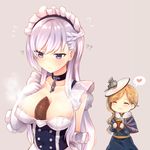  :3 :t ? ?? ^_^ azur_lane bangs bare_shoulders belfast_(azur_lane) between_breasts blonde_hair blue_eyes blush braid breasts chain cleavage closed_eyes collar collarbone commentary dress eating elbow_gloves eyebrows_visible_through_hair flying_sweatdrops food french_braid gloves hat heart highres hood_(azur_lane) large_breasts long_hair maid maid_headdress multiple_girls silver_hair smile speech_bubble spoken_heart sukemyon sweatdrop sweet_potato union_jack 