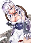  azur_lane bangs bare_shoulders belfast_(azur_lane) blue_eyes blush braid breasts chain cleavage collar collarbone commentary_request cup elbow_gloves eyebrows_visible_through_hair french_braid gloves large_breasts long_hair looking_at_viewer maid maid_headdress shirosuzu silver_hair simple_background sitting smile white_background 