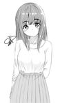  arms_behind_back bangs blouse blush closed_mouth commentary_request eyebrows_visible_through_hair greyscale head_tilt high-waist_skirt highres long_hair long_sleeves looking_at_viewer monochrome original signature simple_background skirt solo standing upper_body white_background yuki_arare 