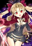  :d black_dress blonde_hair buckle cape commentary_request cowboy_shot dress earrings ereshkigal_(fate/grand_order) fate/grand_order fate_(series) groin hair_ribbon hand_on_own_chest head_tilt highres jewelry light_brown_hair long_hair long_sleeves looking_at_viewer naitou_ryuu open_mouth red_cape red_eyes red_ribbon ribbon skull skull_necklace smile solo sparkle tiara twitter_username two_side_up upper_teeth very_long_hair 