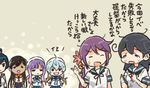  ahoge akebono_(kantai_collection) bell black_hair blue_hair brown_hair closed_eyes comic commentary flower grin hair_bell hair_flower hair_ornament hands_on_hips hat i-400_(kantai_collection) kantai_collection long_hair multiple_girls neckerchief open_mouth otoufu ponytail purple_hair sado_(kantai_collection) sailor_hat school_uniform serafuku shirt short_sleeves sidelocks sleeveless sleeveless_shirt smile tan tearing_up translated tsushima_(kantai_collection) ushio_(kantai_collection) yahagi_(kantai_collection) 