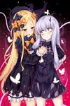  :d abigail_williams_(fate/grand_order) bags_under_eyes bangs black_bow black_dress black_hat blonde_hair bloomers blue_eyes bow bug butterfly closed_mouth commentary_request cowboy_shot dress eye_contact eyebrows_visible_through_hair fate/grand_order fate_(series) hair_between_eyes hair_bow hat highres holding_hands horn insect interlocked_fingers kuragari lavinia_whateley_(fate/grand_order) long_hair long_sleeves looking_at_another multiple_girls open_mouth orange_bow pale_skin parted_bangs pink_eyes polka_dot polka_dot_bow silver_hair sleeves_past_wrists smile tentacles underwear very_long_hair white_bloomers wide-eyed yuri 