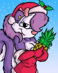 2017 aged_up anthro armwear breasts christmas cleavage clothed clothing dress driprat elbow_gloves female fifi_la_fume fluffy fluffy_tail food fruit fur gloves hair hair_bow hair_over_eye hair_ribbon hat holding_food holding_object holidays looking_at_viewer mammal mistletoe multicolored_fur pineapple plant purple_hair ribbons santa_hat simple_background skunk smile snow solo tiny_toon_adventures two_tone_fur warner_brothers 