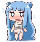  absurdly_long_hair bandages bangs barefoot blue_eyes blue_hair blush chibi commentary_request double_bun eyebrows_visible_through_hair flying_sweatdrops full_body goo_girl half_slime-chan hana_kazari long_hair looking_at_viewer monster_girl naked_bandage navel nose_blush open_mouth original solo standing very_long_hair wavy_mouth white_background 