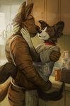  2017 5_fingers anthro apron badge big_glasses black_fur black_nose boeing border_collie brian_(tacklebox) brown_fur butt canine carrying clothed clothing collar collie cooking cooking_pot detailed_background digital_media_(artwork) digital_painting_(artwork) dog duo eyebrows eyes_closed eyewear face_to_face fully_clothed fur glasses hand_on_head happy humanoid_hands hyena id_badge imminent_kiss inside intimate kitchen lanyard love male male/male mammal muscular naked_apron romantic_couple shirt shorts side_view smile standing stripes t-shirt tacklebox vincollie white_fur 