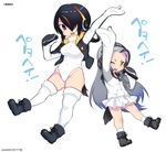  black_footwear black_hair black_jacket drawstring emperor_penguin_(kemono_friends) giant_penguin_(kemono_friends) grey_hair hair_over_one_eye headphones highleg highleg_leotard hood hoodie jacket kemono_friends leotard long_hair mudou_eichi multicolored_hair multiple_girls open_clothes open_hoodie pink_eyes pleated_skirt simple_background single_hair_intake skirt streaked_hair thick_eyebrows thighhighs white_background white_legwear white_leotard white_skirt 