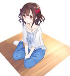  bangs blouse blue_pants blush bow brown_hair closed_mouth commentary_request eyebrows_visible_through_hair full_body hair_bow highres original pants red_bow red_eyes short_hair short_sleeves simple_background sitting socks solo white_background white_legwear yokozuwari yuki_arare 