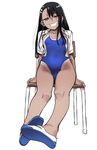  774_(nanashi) bangs black_hair blue_swimsuit brown_eyes chair collared_shirt commentary_request covered_navel dark_skin foreshortening full_body grin hair_ornament hairclip half-closed_eyes highres ijiranaide_nagatoro-san long_hair looking_at_viewer nagatoro nail_polish no_socks one-piece_swimsuit open_clothes open_shirt school_swimsuit shirt shoes short_eyebrows simple_background sitting smile solo swimsuit tan tanline thighs uwabaki white_background white_shirt 