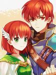  1girl 2900cm brother_and_sister fire_emblem fire_emblem:_rekka_no_ken green_eyes hair_ornament looking_at_viewer open_mouth priscilla_(fire_emblem) raven_(fire_emblem) red_eyes red_hair short_hair siblings simple_background smile 